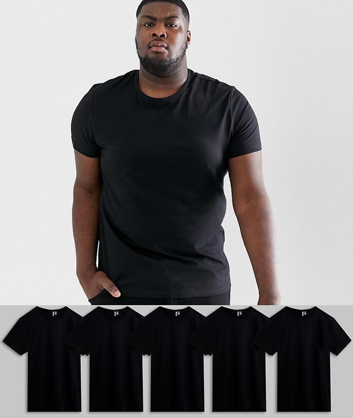 Asos Design Plus 5 Pack Organic T-shirt With Crew Neck Save-black