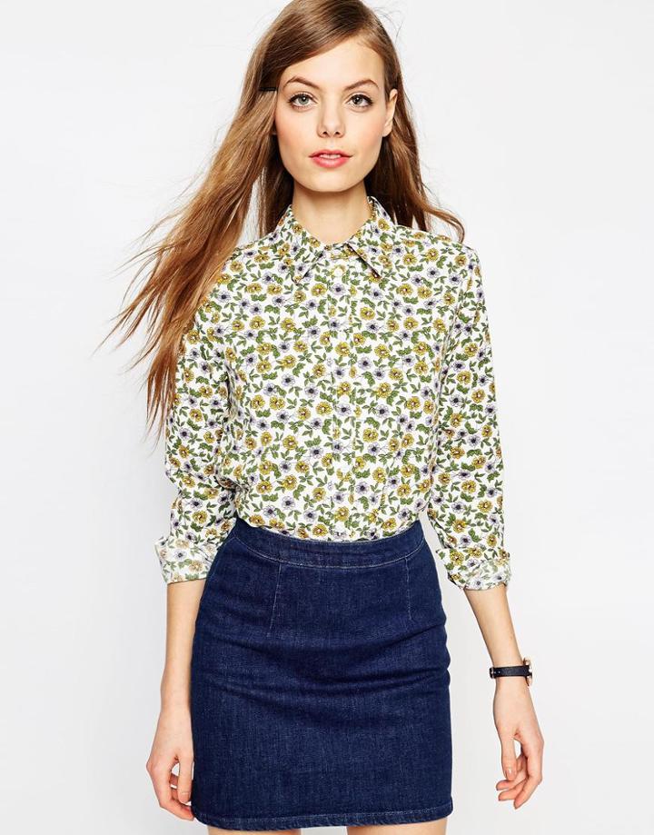 Asos Long Sleeve Ditsy Floral Cotton Shirt - Multi