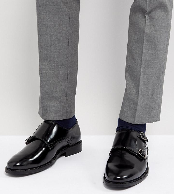 Dune Wide Fit Monk Shoes In Black Leather - Black