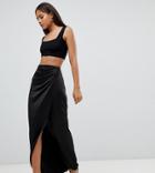 Asos Design Tall Satin Wrap Maxi Skirt - Black