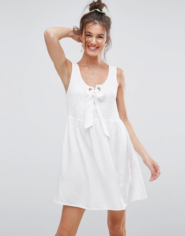 Asos Shirred Sundress With Eyelet Detail - White