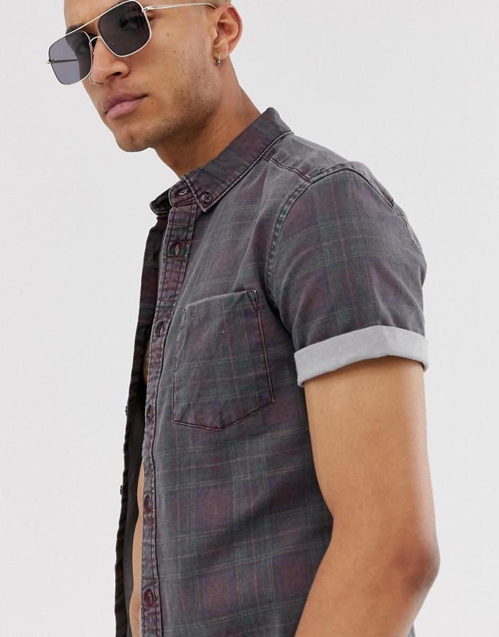 Asos Design Skinny Denim Check Shirt Square Collar-red