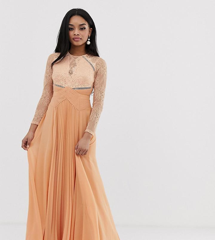 Asos Design Petite Long Sleeve Lace Paneled Pleat Maxi Dress-multi