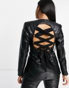 Asos Luxe Leather Look Lace Up Back Blazer In Black
