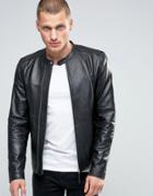 Pretty Green Leather Biker Jacket In Slim Fit Black - Black