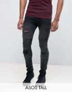 Asos Tall Super Skinny Jeans With Abrasions In Biker Style - Black