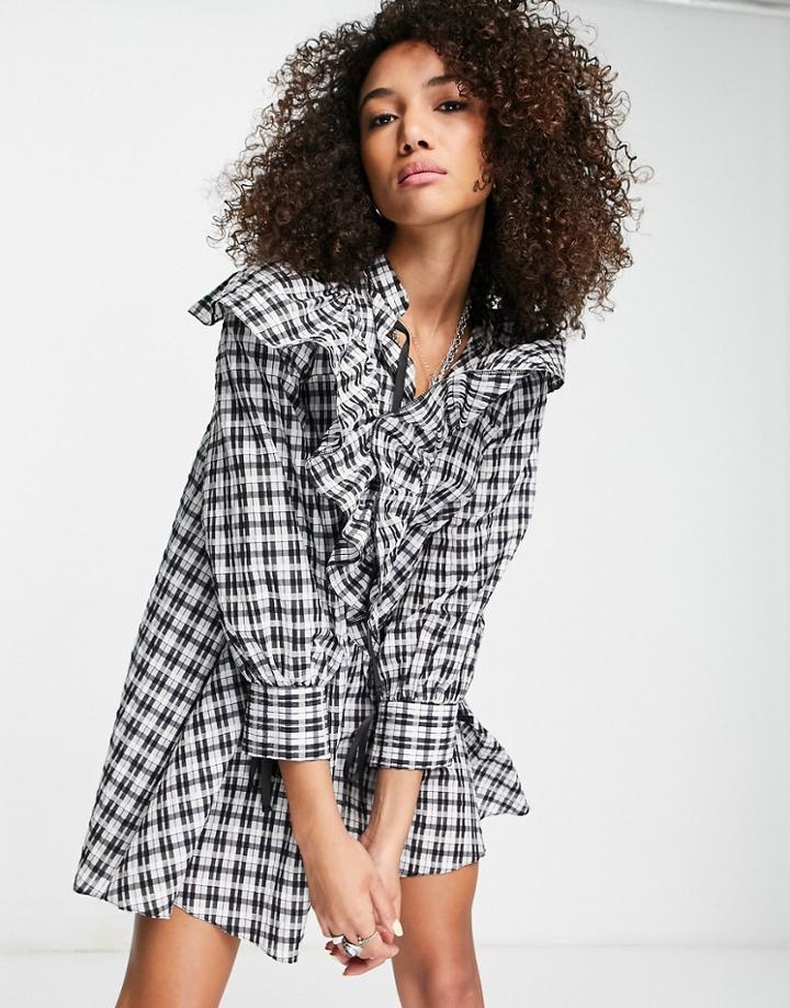 Topshop Ruffle Check Chuck On Mini Dress In Mono-multi