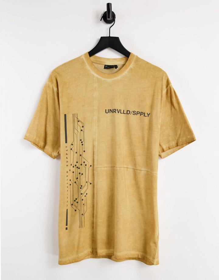 Asos Unrvlld Spply Relaxed T-shirt With Oil Wash Cut And Sew Details And Logo Chest Print In Yellow