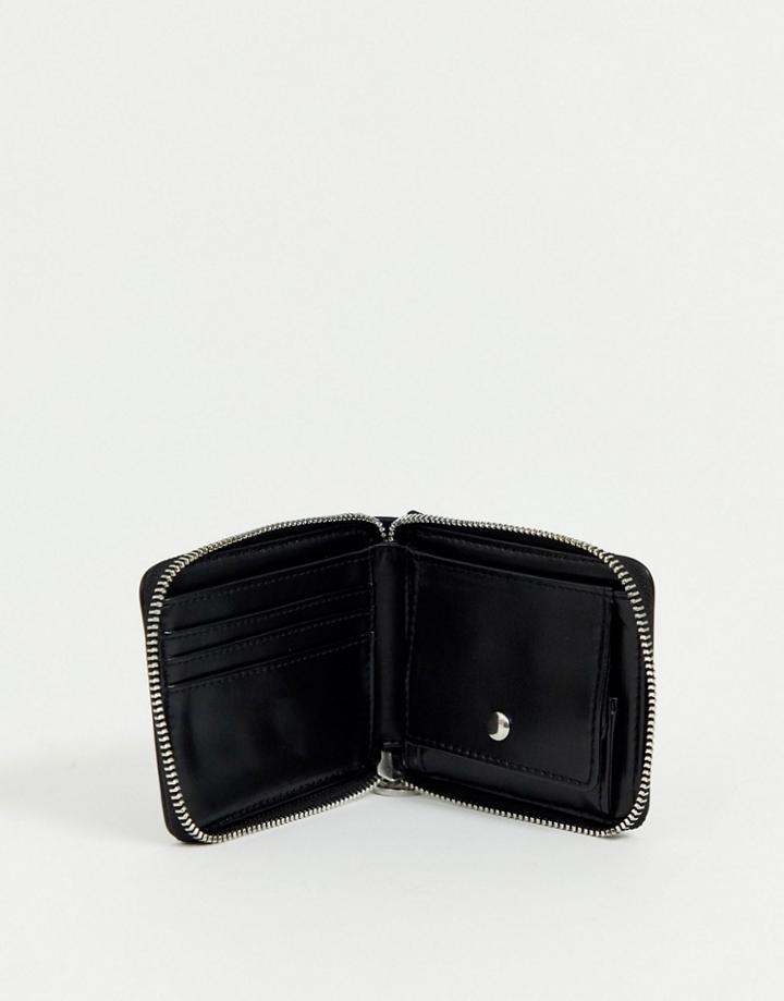 Asos Design Faux Leather Zip Around Wallet In Black With Circle Puller And Chain