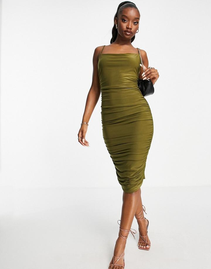 Femme Luxe Ruched Body-conscious Midi Dress In Olive-green