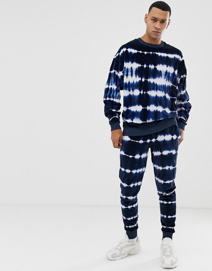 Asos Design Tracksuit Oversized Sweatshirt/skinny Sweatpants In Velour Tie Dye-navy