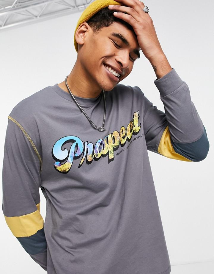 Asos Design Oversized Long Sleeve T-shirt In Gray Color Block With Tie Dye Text Print