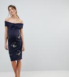 Asos Maternity Twist Front Bardot Dress With Embellishment-navy