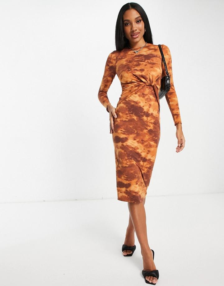 Asos Design Long Sleeve Front Knot Open Back Midi Dress In Brown Tie Dye Print-multi