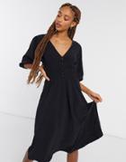 Monki Zoey Shirred Waist Midi Dress In Black