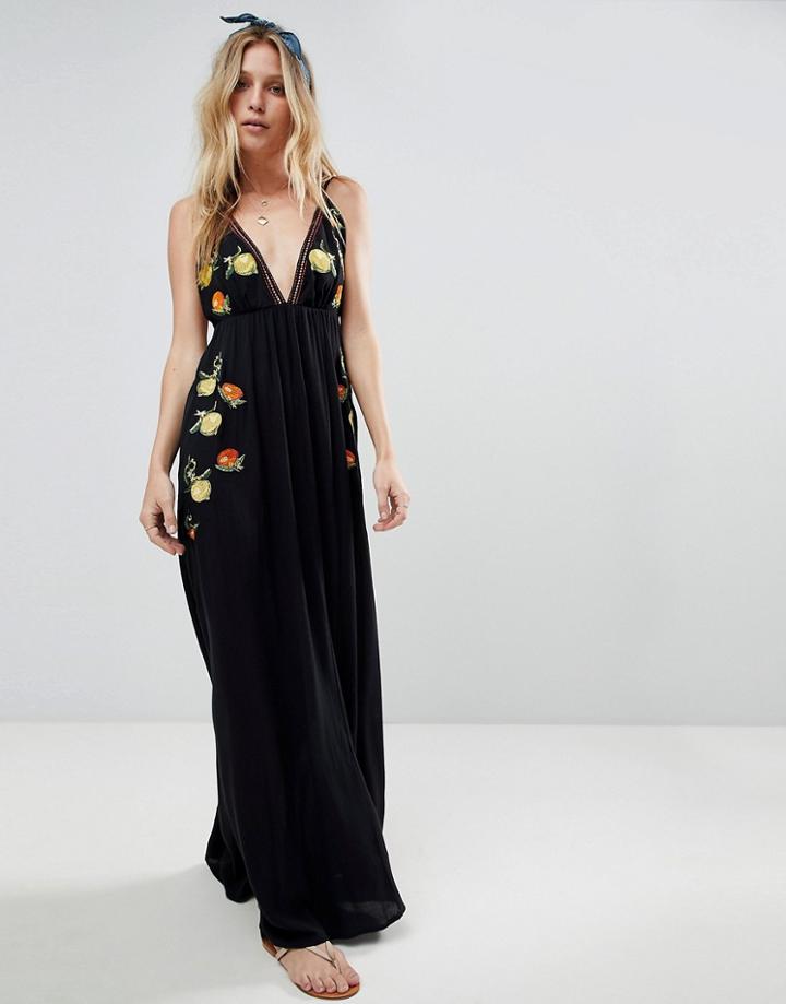 Asos Fruit Embroidered Maxi Beach Dress - Black
