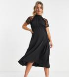 Liquorish Maternity A-line Midi Dress In Lace Black