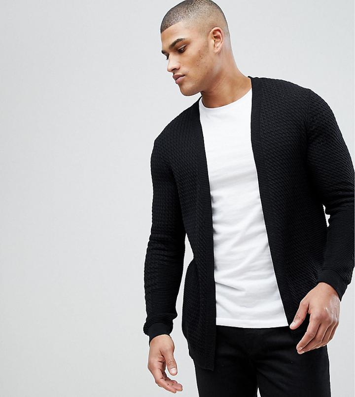 Asos Tall Cable Knit Cardigan With Rib Detail - Black