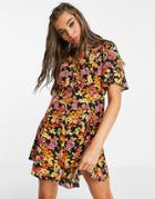 Asos Design Button Through Tie Back Mini Tea Dress With Angel Sleeve In Black Floral Print-multi