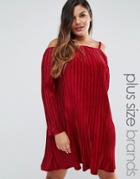 Club L Plus Off Shoulder Smock Dress In Pleated Velvet - Red