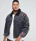 Asos Plus Denim Jacket With Embroidery & Fleece Collar In Black Wash - Black