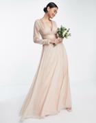 Asos Design Bridesmaid Ruched Waist Maxi Dress With Long Sleeves And Pleat Skirt-pink