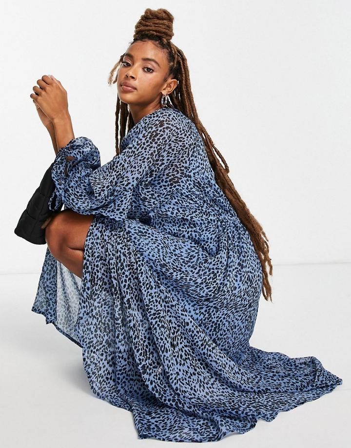 Topshop Recycled Blend Ruche Neck Tiered Animal Midi Dress In Blue-blues