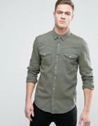 Pull & Bear Regular Fit Western Denim Shirt In Khaki - Green