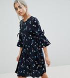 Vero Moda Petite Ditsy Printed Mini Skater Dress With Tie Sleeves In Navy