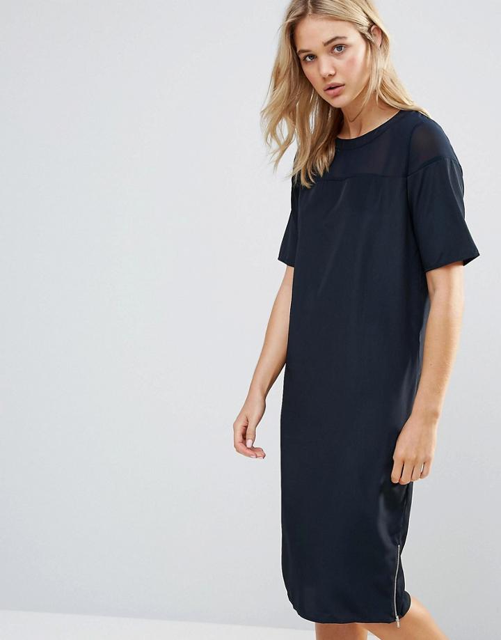 Neon Rose Sheer Panel Cocoon Midi Dress - Navy