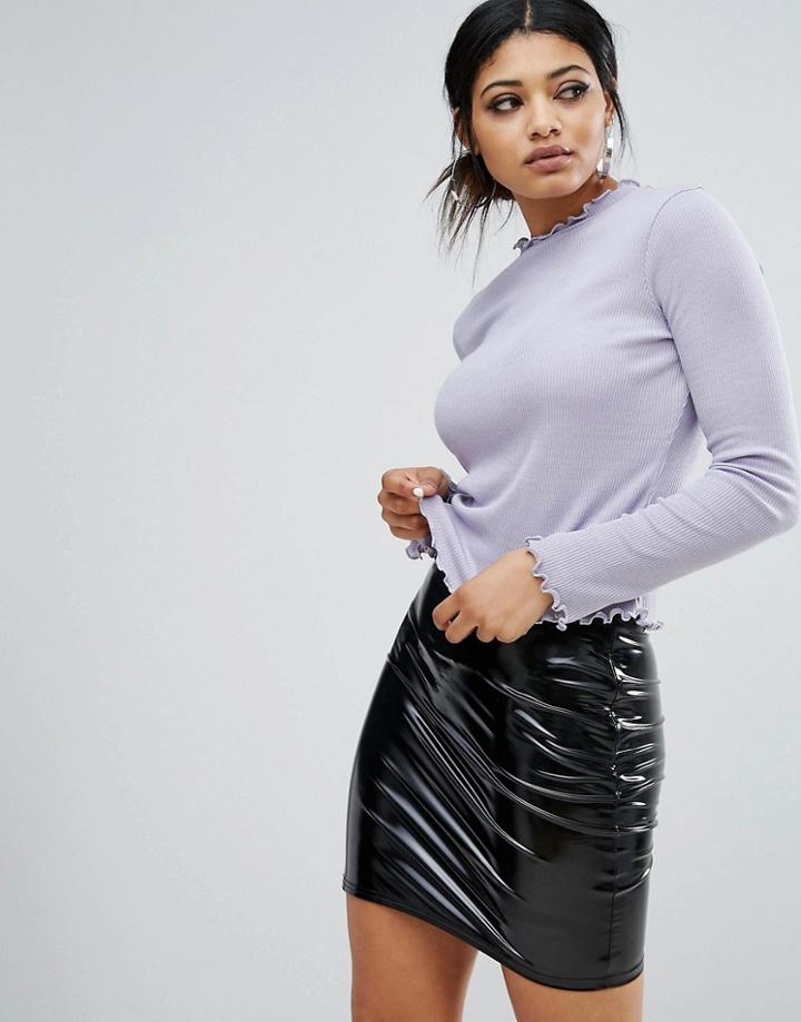 Daisy Street Long Sleeve Shrunken Top With High Neck And Crinkle Hem - Purple