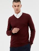 Asos Design Merino Wool V-neck Sweater In Burgundy-red