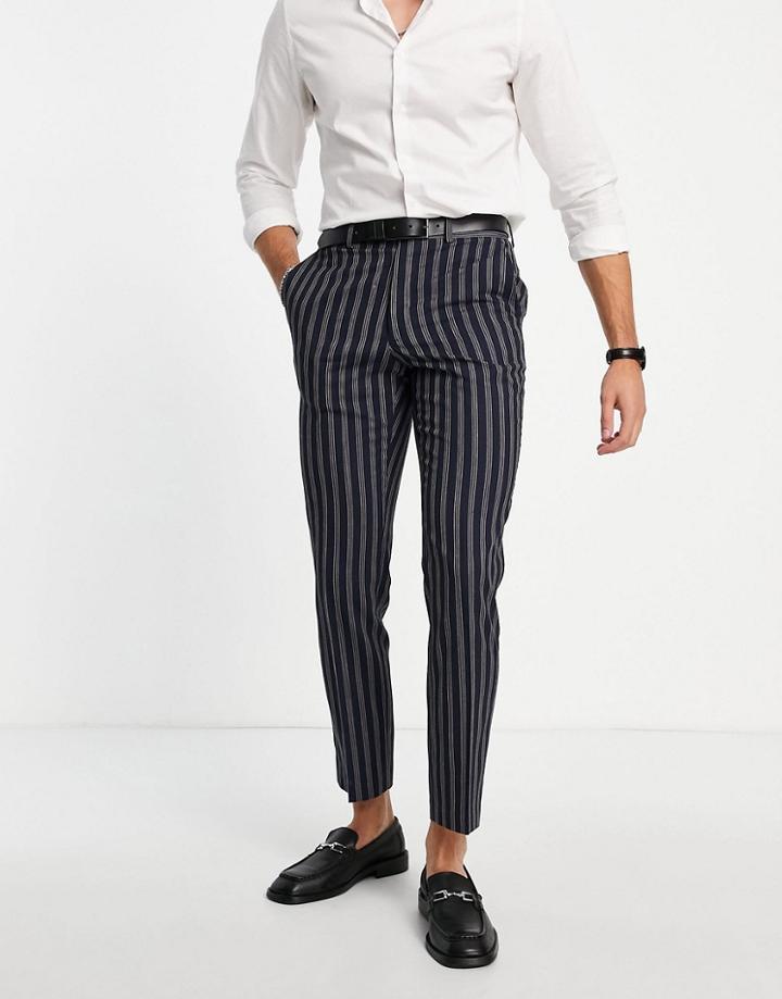 French Connection Slim Fit Linen Stripe Suit Pants-navy
