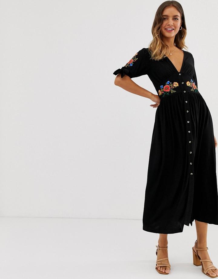 Asos Design Embroidered Midi Button Through Tea Dress