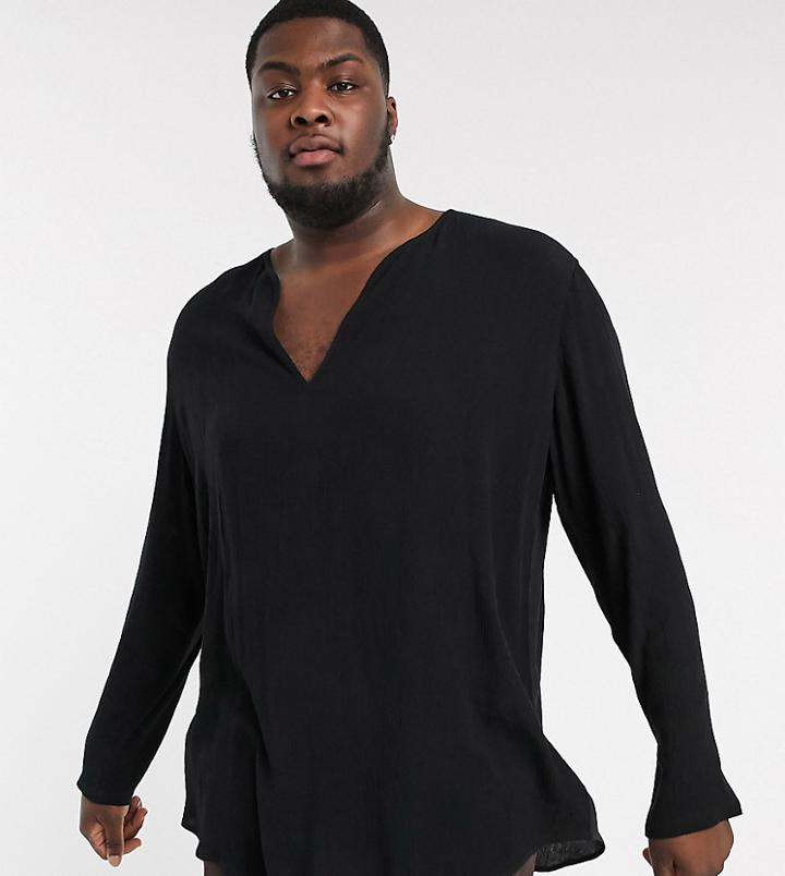 Asos Design Plus Regular Fit Overhead Shirt In Crinkle Viscose In Black