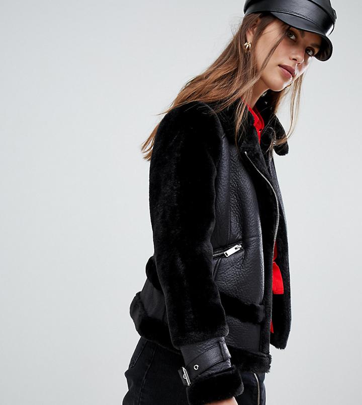River Island Faux Fur Aviator Jacket In Black - Black