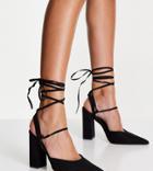 Asos Design Wide Fit Panda Tie Leg Block Heeled Shoes In Black