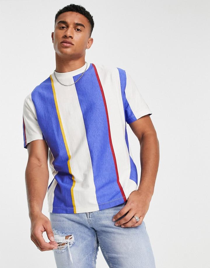 Asos Design Relaxed Vertical Stripe T-shirt In Primary Color Stripe-blue
