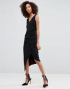 Liquorish Black Sleeveless Asymmetric Ruched Dress With V Neck - Black