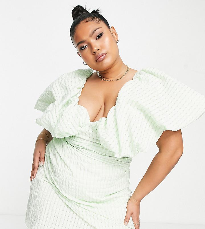 Asos Luxe Curve Bubble Bardot Wrap Mini Dress In Green Gingham