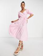 Influence Puff Sleeve Tiered Midi Dress In Pink Gingham