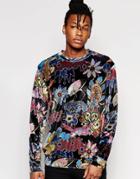 Jaded London Velvet Sweatshirt With All Over Floral Bird Print - Navy