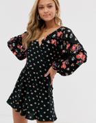 Asos Design Mixed Floral Romper With Ruffle Sleeve-multi