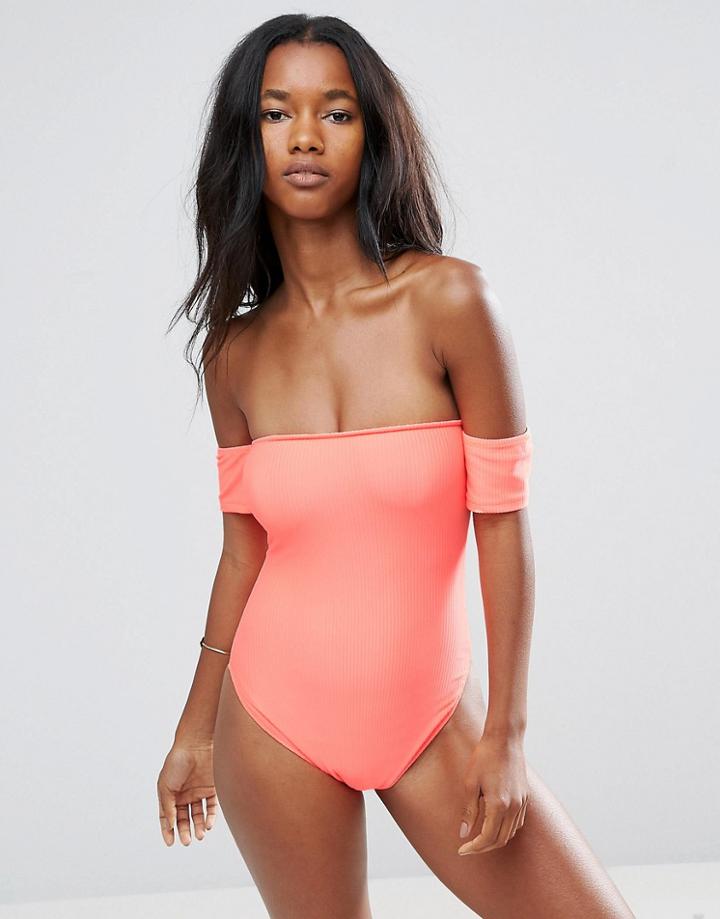 New Look Ribbed Bardot Swimsuit - Red