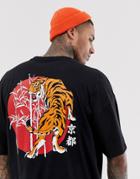 Asos Design Oversized T-shirt With Tiger And Japanese Text Back Print - Black