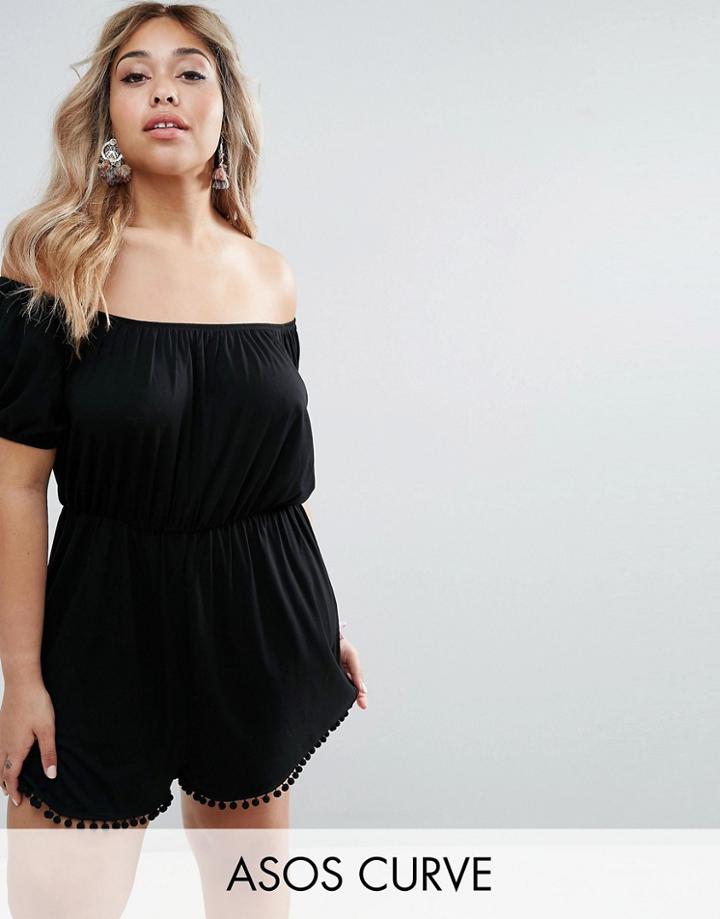 Asos Curve Jersey Off Shoulder Playsuit With Pom Pom Hem - Black