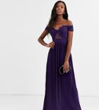 Asos Design Tall Lace And Pleat Bardot Maxi Dress-purple