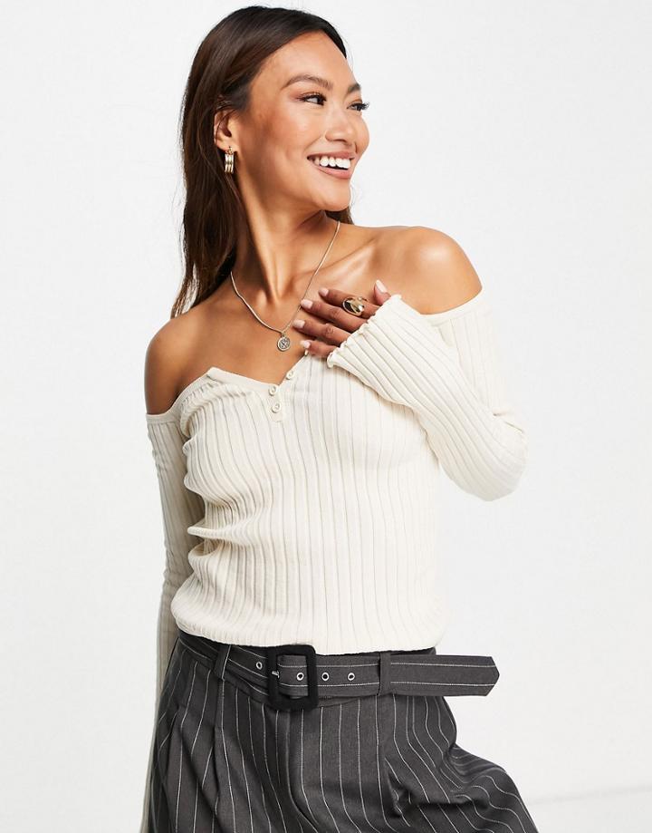 Asos Design Off Shoulder Sweater With Button Detail In Cream-white