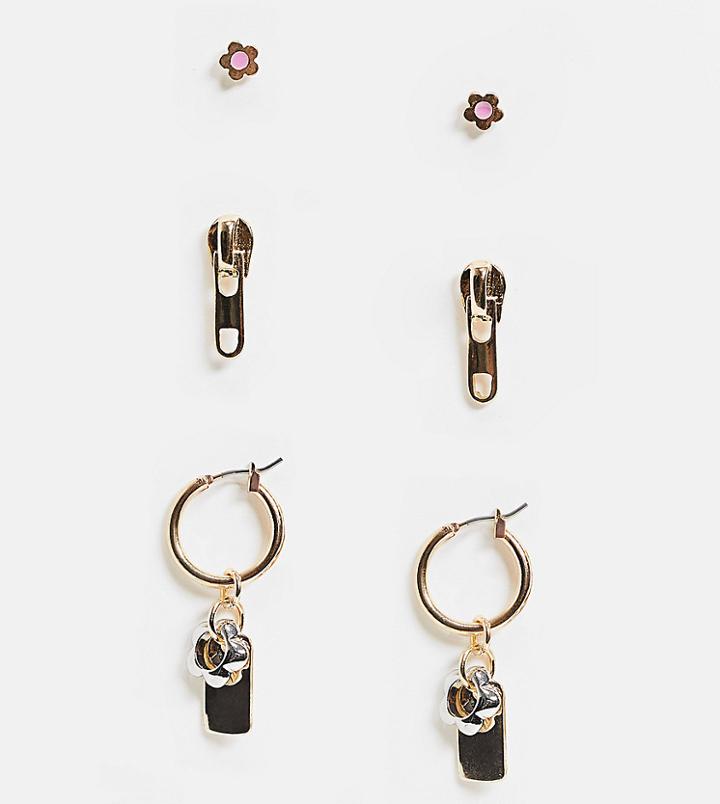 Reclaimed Vintage Earrings With Tag And Flower Charms In Mixed Metal 3 Pack-gold
