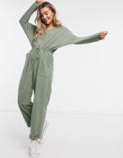 Asos Design Lounge Jersey Button Front Long Sleeve Tie Waist Jumpsuit In Washed Khaki-green